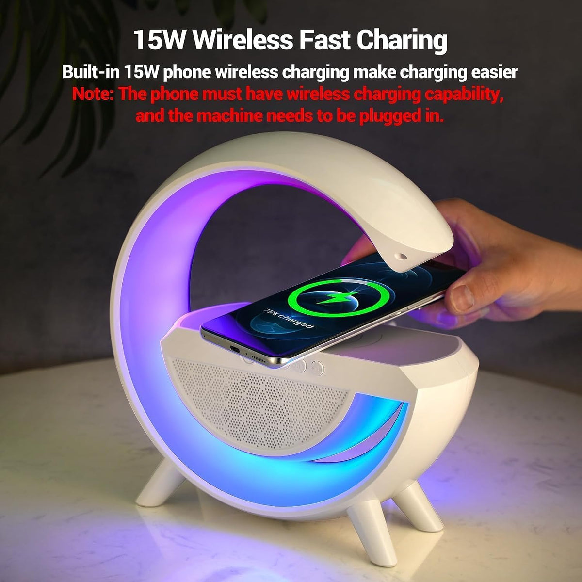 "Transform Your Space: G-Shape Multifunctional Wireless Charger Speaker - 15W Fast Charging, Atmosphere Lamp, FM Radio, Bluetooth, RGB Music Sync, Ideal for Bedroom Ambiance!"